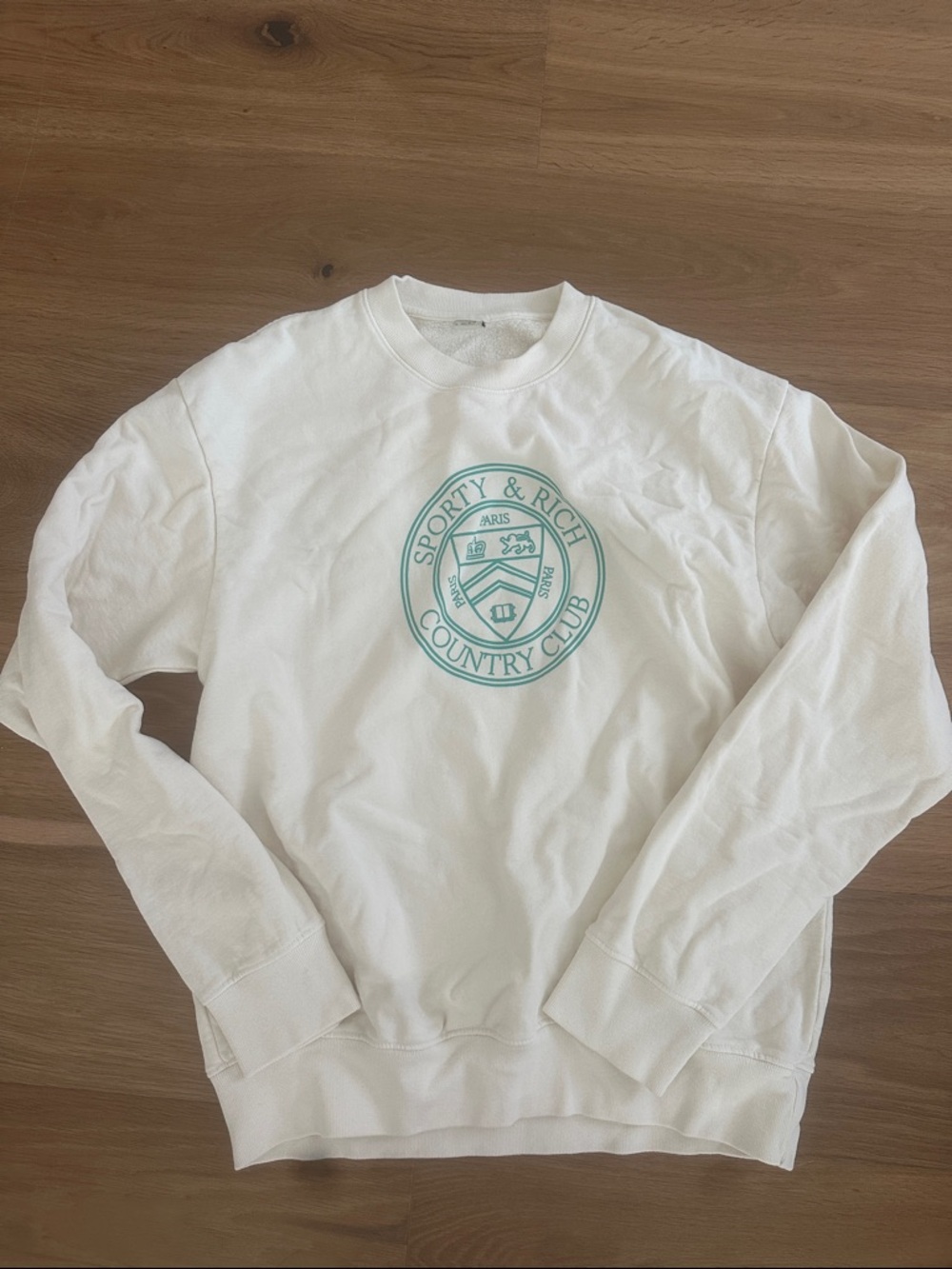 Sporty & Rich White Crewneck with Teal Club Crest